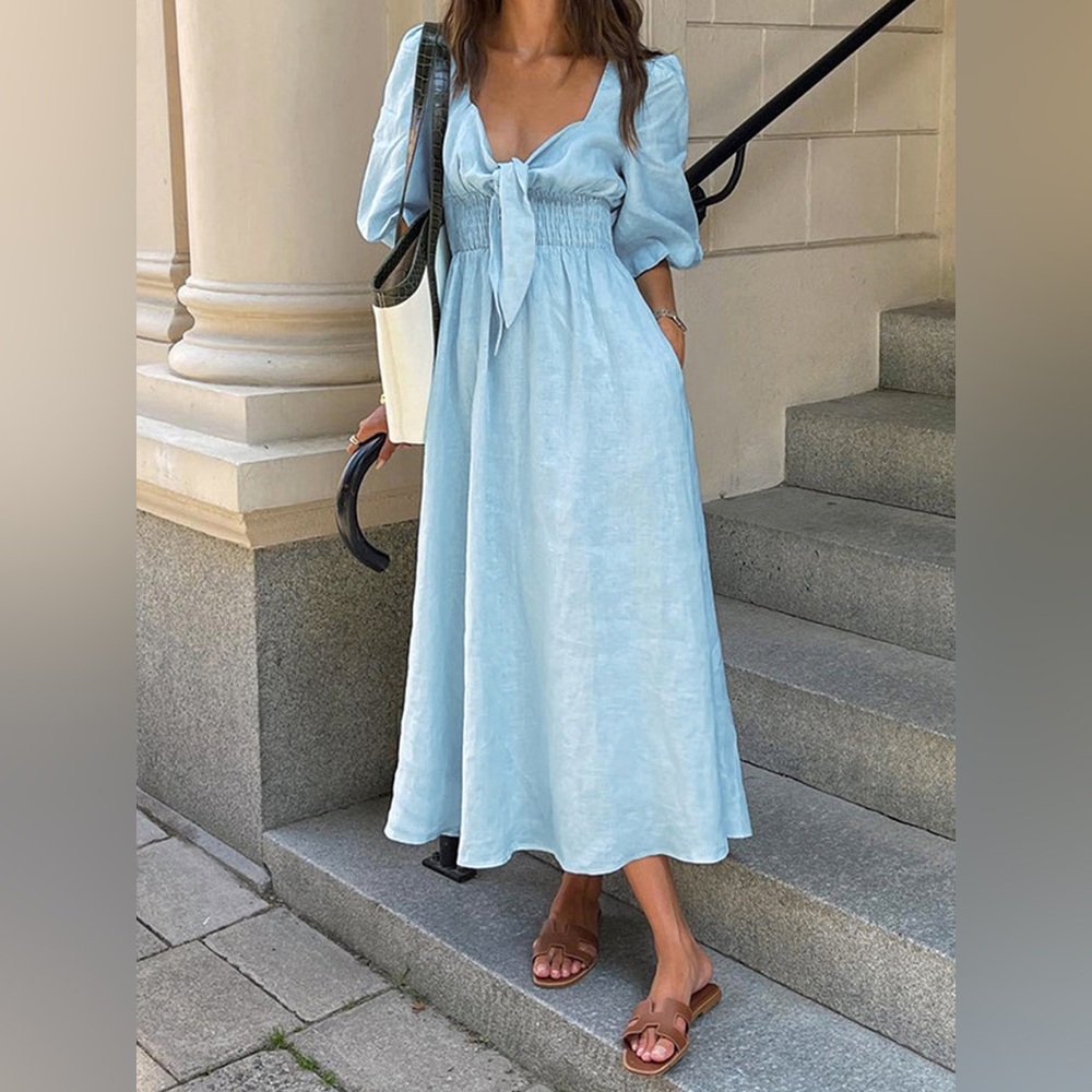 Light Blue Tie-Front Midi Dress